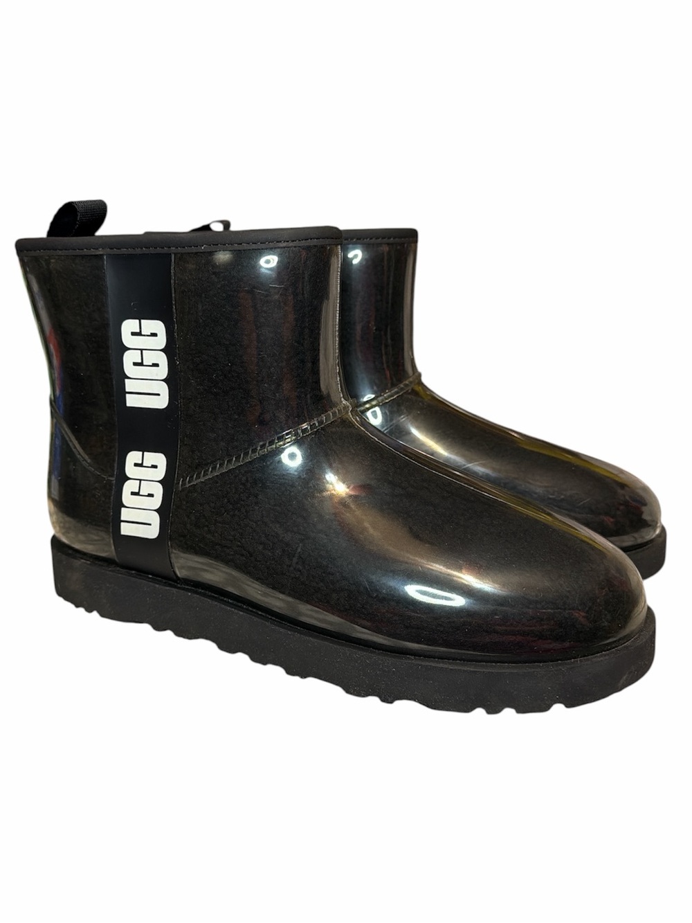 UGG Clear Mini Waterproof Glossy Black Short Rain Boots with Logo Strap